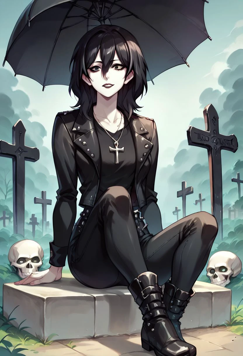 D_endless, score_9, score_8_up, score_7_up, score_6_up, score_5_up, score_4_up, 1girl, cemetery, sitting on a tombstone, black hair, holding a black umbrella, lace umbrella, encore pendant, pale skin, black leather jacket, leather pants, leather boots, white skull, white bones