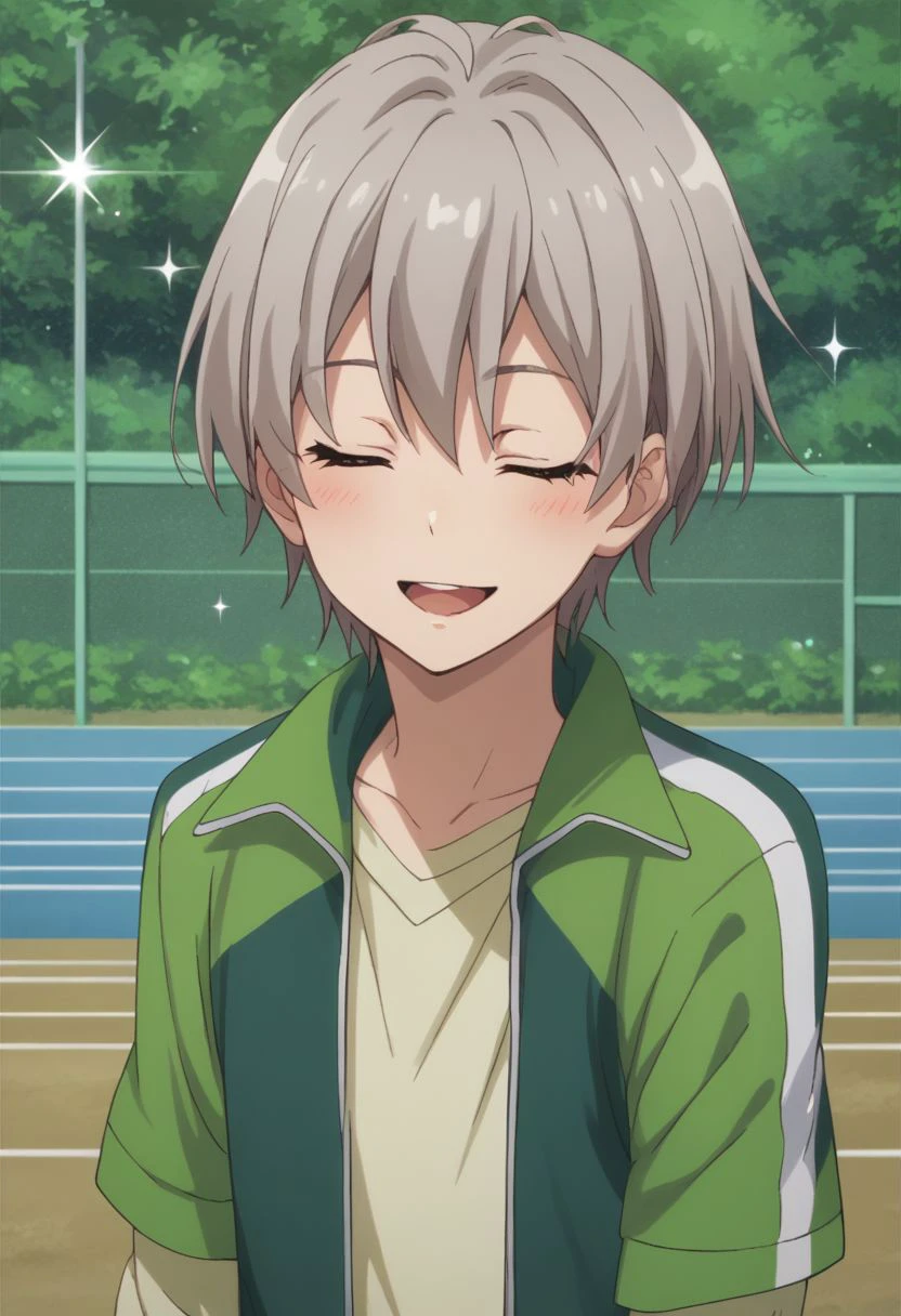 score_9, score_8_up, score_7_up, source_anime, highly detailed, 
saika, closed eyes, male focus, solo, 1boy, open mouth, blush, grey hair, sparkle,
jacket, smile, short hair, green jacket, parody, track jacket, upper body, open jack,
outdoor,