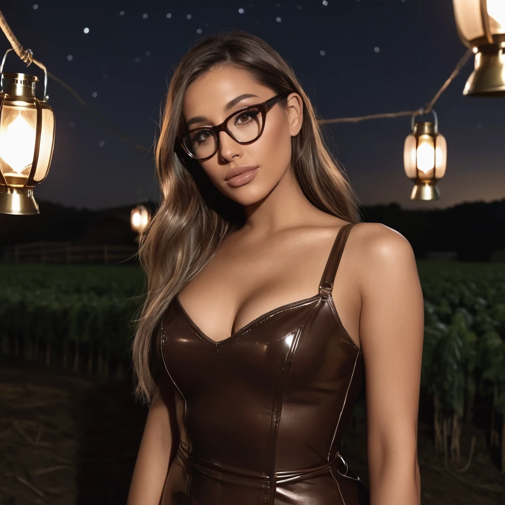 Hyperrealistic art close-up photo of a 4r14n4 a woman, wearing glasses, wearing a brown latex dress, at a farm, nighttime, lanterns, looking at camera,  <lora:arijuu:.8> . Extremely high-resolution details, photographic, realism pushed to extreme, fine texture, incredibly lifelike