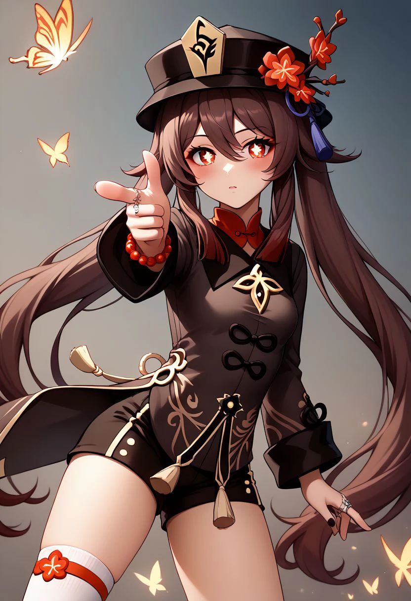 HuTao_DskFll,  1girl, solo, long hair, blush,brown hair, shirt, red eyes, long sleeves, hat, hair between eyes, twintails, jewelry, finger gun, pointing at viewer, very long hair, flower, thighs, small breasts, shorts, socks, bracelet, symbol-shaped pupils, short shorts, black headwear, chinese clothes, black shorts, ring, bug, white socks, butterfly, tassel, beads, hat flower, star-shaped pupils, bead bracelet, flower-shaped pupils, coattails, plum blossoms, tailcoat, hu tao (genshin impact),  BREAK PonyXLV6_Scores