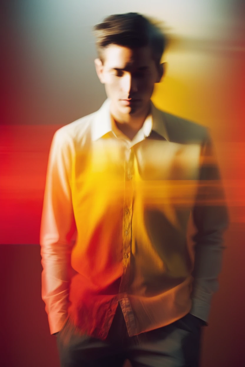 abstract, motion blur, warm color palette, male figure, red yellow dominant colors, surreal effect, multiple exposures, ghosting image, contemporary portrait, overlapping visual elements, gradient, soft focus,