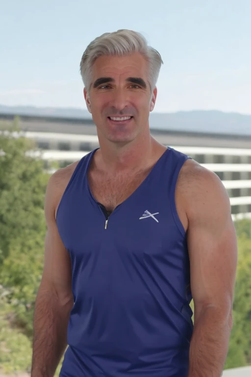 <lora:Craig_Federighi_Lora-10:0.9>, craig federighi, tank top, outdoor background, portrait