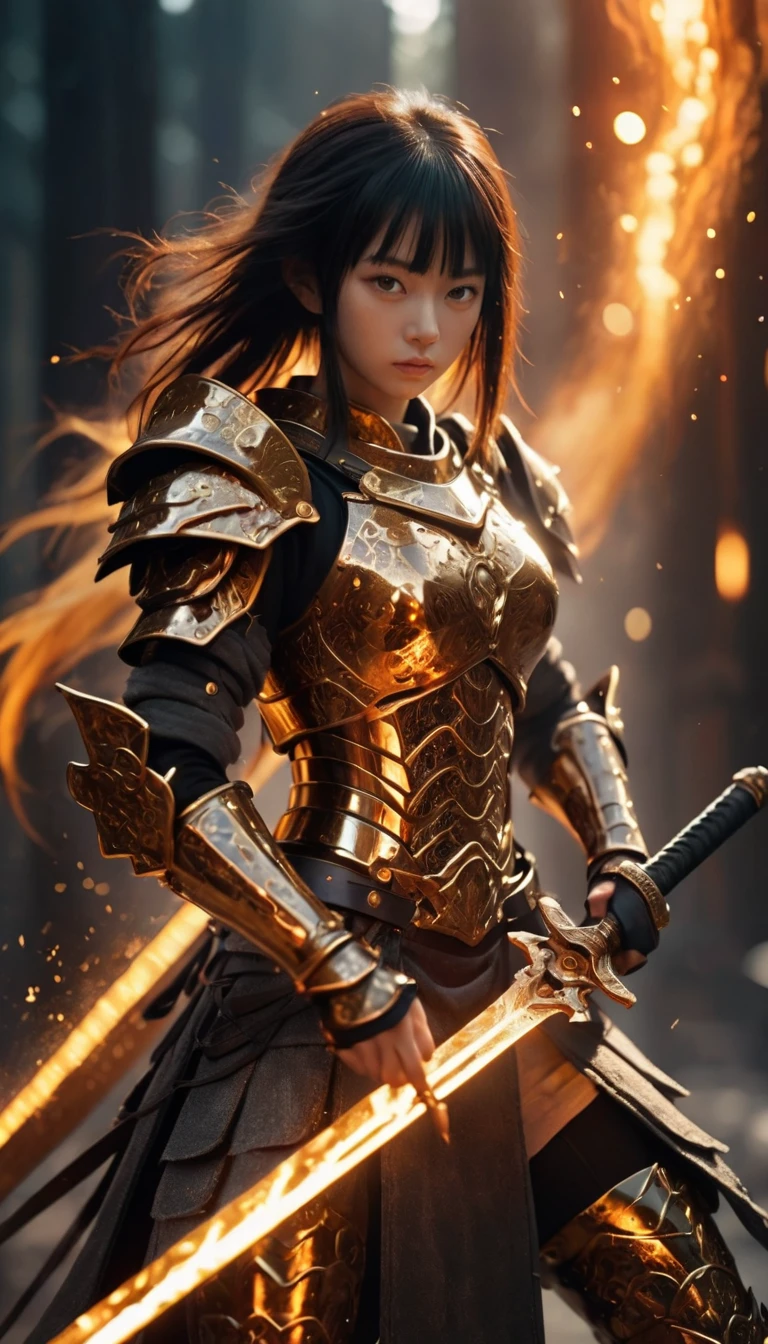 The image showcases a warrior-like figure,seemingly made of metal,wielding a glowing,long sword. The figure's armor is intricately designed with sharp,angular patterns,and it emanates a fiery,golden aura. The background is filled with sparks and embers,suggesting a scene of intense battle or conflict.,a cute girl,Porta 160 color,shot on ARRI ALEXA 65,bokeh,sharp focus on subject,highest details,photorealistic,high background details,fog,high face details,8k,raytracing,blunt bangs,(black hair:0.3),