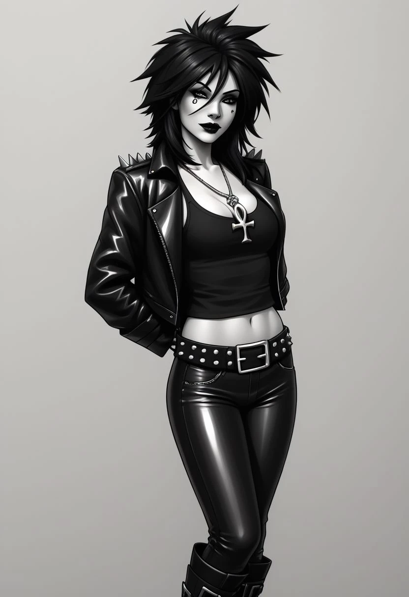 dsk_death, 1girl, solo, monochrome, jewelry, jacket,  jewelry, necklace, ankh necklace, nail polish, can, leather jacket, black tank top, tattoo, gloves, pants, midriff, vertical stripes, arm behind back, lipstick, makeup, belt, spiked hair, black boots, cleavage, makeup,  BREAK zPDXL2