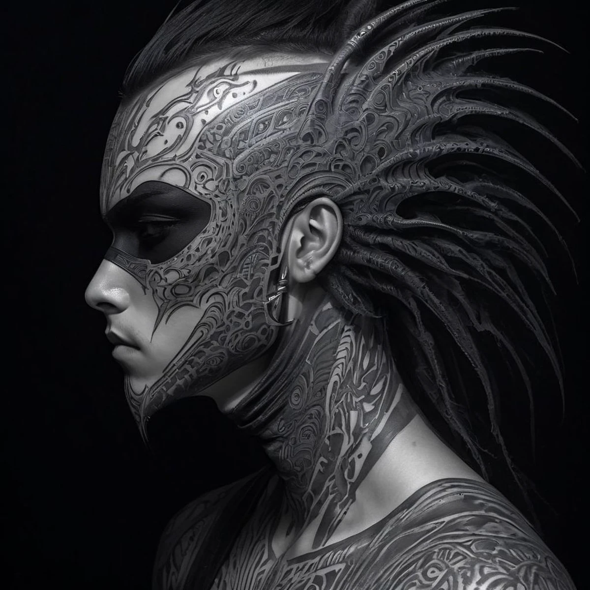 teen boy, 1boy, messy hair, black hair, white skin, detailed face, detailed skin, black mask on the lower part of the face, in the style of dune, Arrakis, criminal, marauders,
masterpiece, cybersigilism, (neotribal, metallic, bio, giger, tribal tattoo style, tattoo on the body, tattooed, tattoos, cyberpunk:1.3)