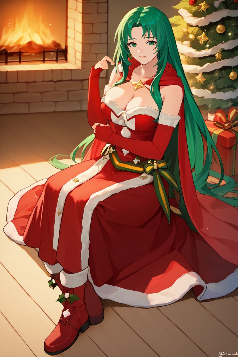 score_9, score_8_up, score_7_up, score_6_up, source_anime, BREAK 1girl, solo, <lora:fececilia-pdxl-nvwls-v1:1> winCeci, green hair, green eyes, red cape, fur trim, red dress, cleavage, bare shoulders, red skirt, red gloves, fingerless gloves, elbow gloves, red boots, big breasts, smile, sitting on the floor, fireplace, indoors, looking at you, smile, christmas tree