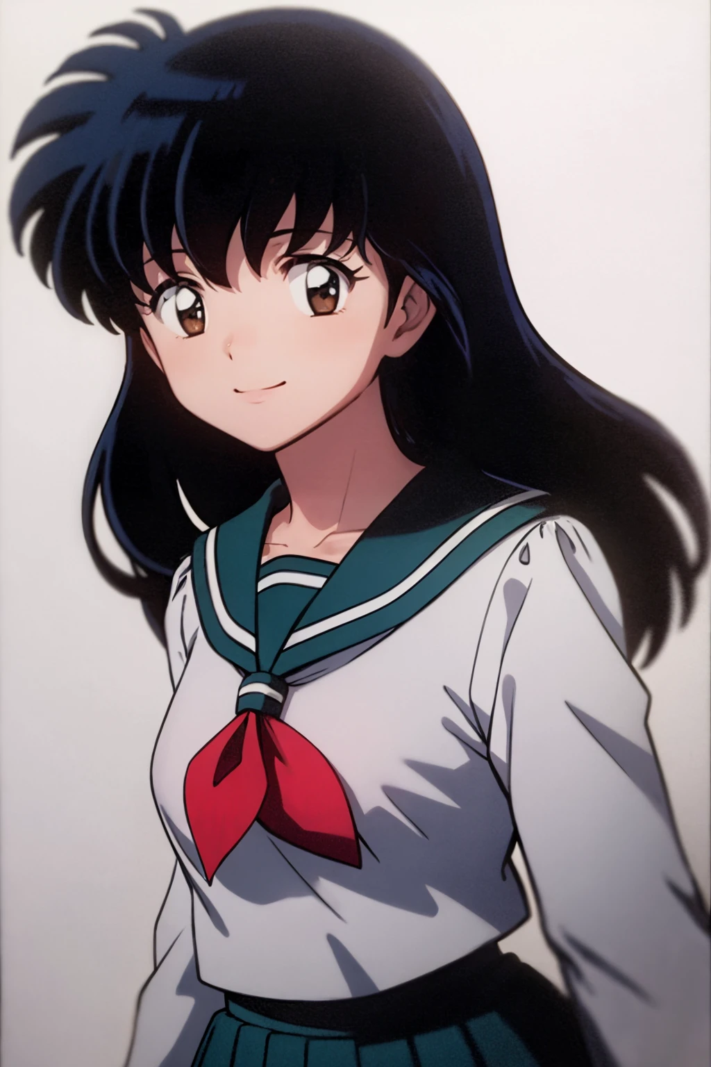 masterpiece, best quality,
1girl, kagomehigurashi, bangs, black hair,  long hair, brown eyes,
sailor collar, long sleeves, neckerchief, pleated skirt, school uniform, serafuku,
upper body, looking at viewer, smile, simple background, solid grey background   <lora:KagomeHigurashi:1>