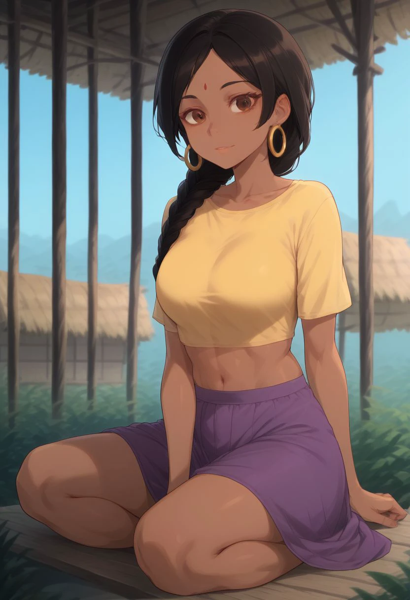 score_9, score_8_up, score_7_up, front view, face to face 1girl, Shanti, Indian girl, dark skin, black hair, big breasts, short girl, petite, red bindi, long hair, braided ponytail, earring, white-yellow shirt, midriff, very long purple skirt, barefeet, fit body, hourglass figure,  dynamic pose, brown eyes, looking at viewer, concerned, happy smiling, sitting, background village hut, daylight