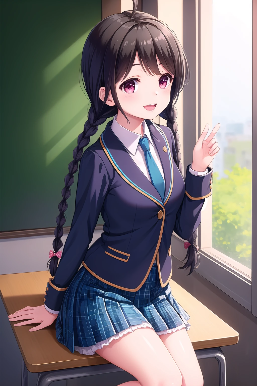 (masterpiece, best quality), highly detailed background, perfect lightingbest quality, shirasetsuzuri, solo, indoors, classroom, black hair, ahoge, twin braids, hair bow, polka dot bow, pink bow, swept bangs, very long hair, pink eyes, small breasts, blue jacket, blazer, blue necktie, collared shirt, white shirt, blue skirt, plaid skirt, white socks, school uniform, smile, open mouth, :d, pink lips, <lora:Shirase-Tsuzuri-2-05:0.7>