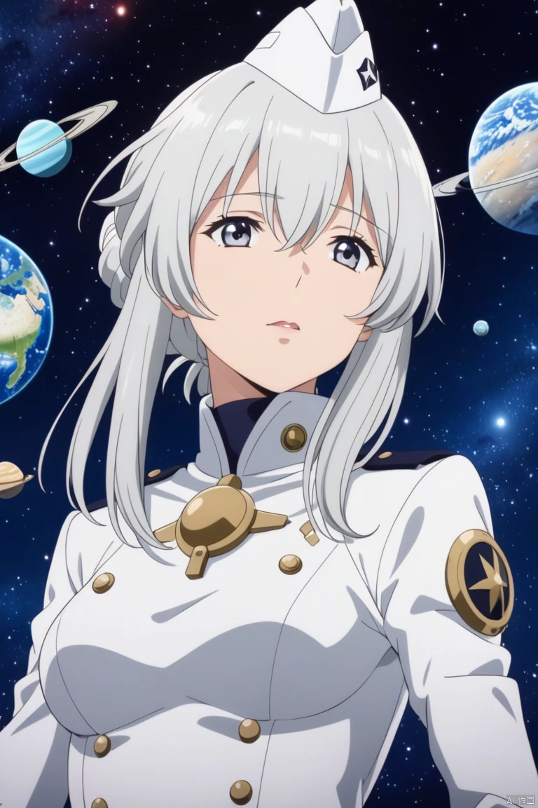 masterpiece, best quality, 1girl,solo,hair between eyes,2D,anime screencap,anime coloring,flat,masterpiece,soft tender eyes,best quality,white hair,grey eyes,long hair,cosmos background,planets,cowboy shot,liv,wings,white coat,hat,parted lips<lora:EMS-337897-EMS:0.900000>, <lora:EMS-345417-EMS:0.300000>