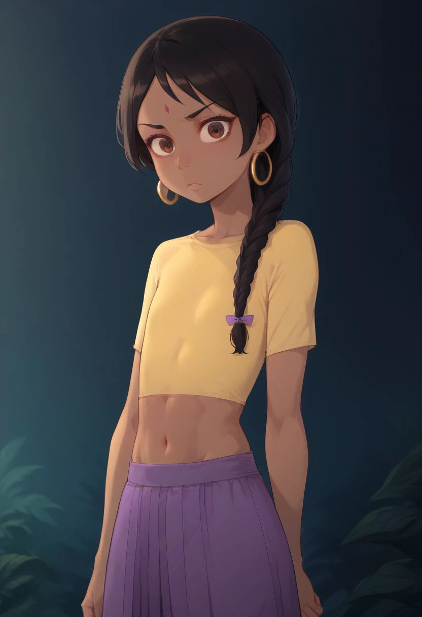 score_9, score_8_up, score_7_up, 1girl, Shanti, Indian girl, dark skin, black hair, flat chest, short girl, petite, red bindi, long hair, braided ponytail, earring, white-yellow shirt, midriff, very long purple skirt, barefeet, fit body, hourglass figure,  dynamic pose, brown eyes, looking at viewer, concerned, slightly confused, apprehensive, expressive eyes