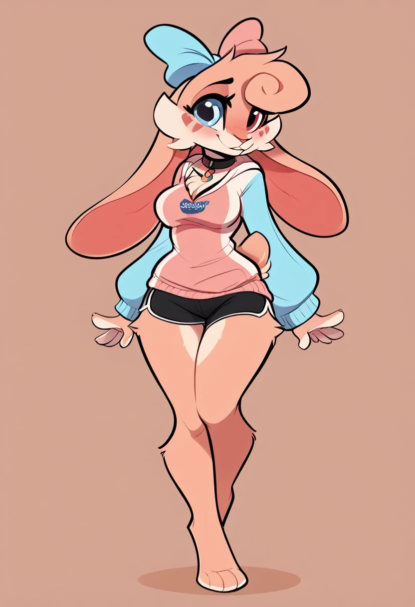 score_6_up, score_5_up, score_4_up, cinnabun, heterochromia, blue right eye, red left eye, pink fur, rabbit ears, bow, rabbit, furry female, rabbit tail, sweater, dolphin shorts, collar, face markings, anthro, hoodie, crop t-shirt, shorts, simple background, abstract background, posing, cute, best legs, beautiful legs, round breasts, chest fur, fluffy fur, breasts together, curvy hips, smile, cleavage, medium breasts, long legs, sexy legs, happy, adorable, sexy, beautiful, highly detailed, masterpiece, 4k, quality art, digital art, zPDXL2,