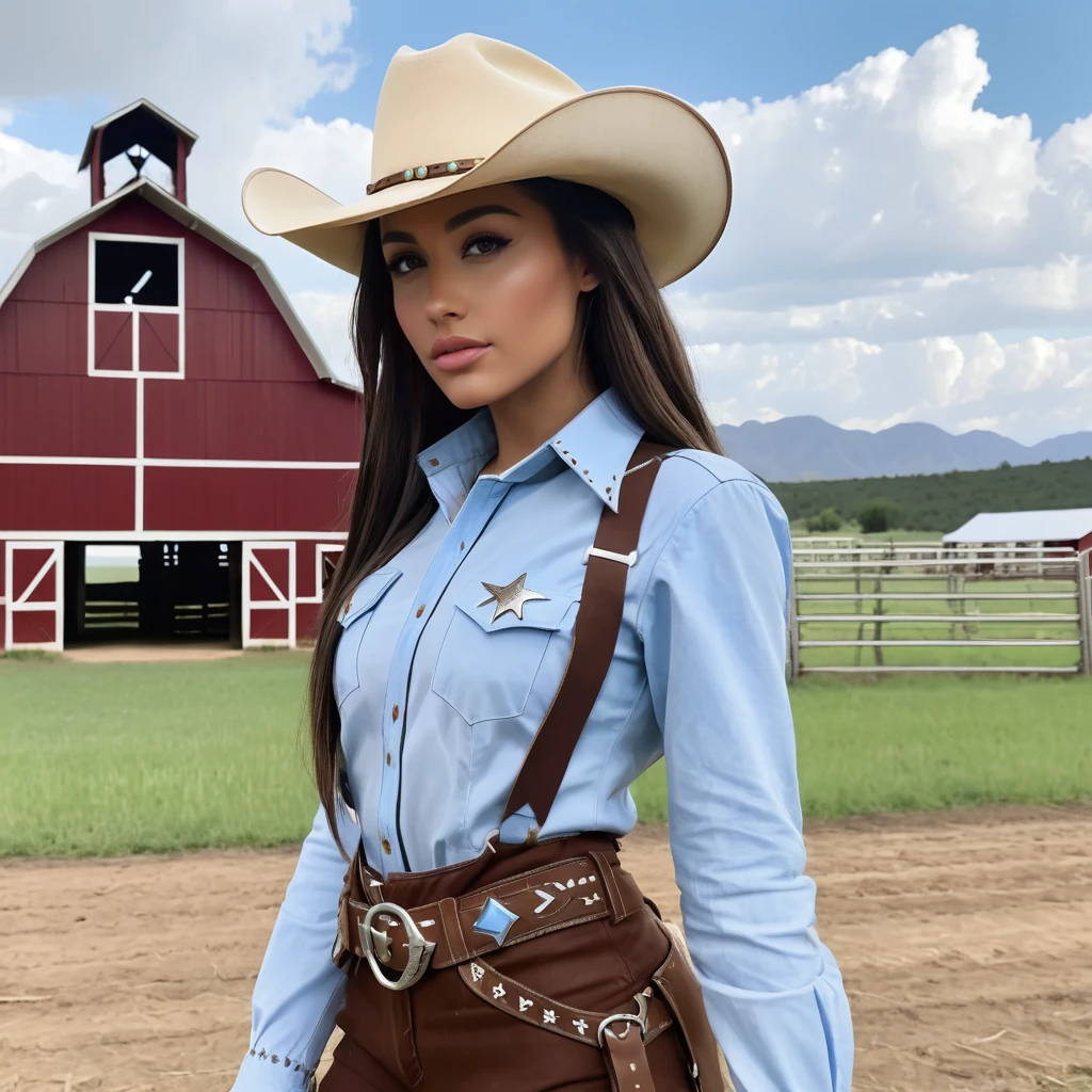 concept art half body photo of a 4r14n4 a woman, wearing a cowgirl outfit, at a farm, looking at viewer, magical, aesthetic,  <lora:arijuu:.8> . digital artwork, illustrative, painterly, matte painting, highly detailed