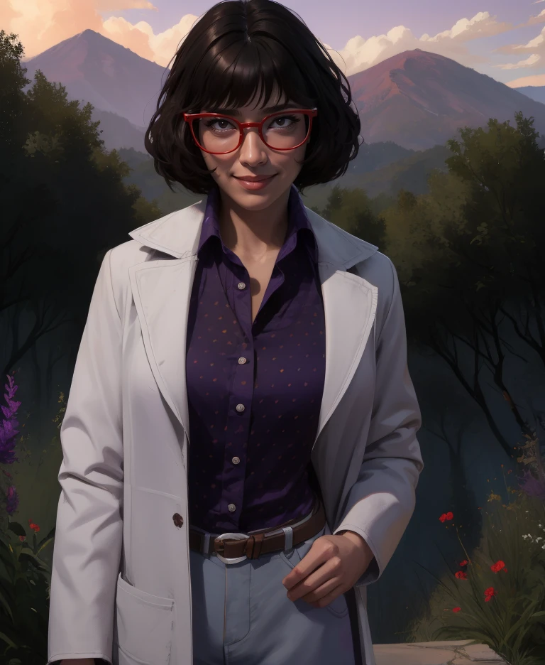 docb4b,brown hair,black hair,medium hair,
lab coat,purple shirt,red glasses,
standing,upper body,smile,
outdoors,looking at viewer,evening,
(insanely detailed,  masterpiece, best quality),solo,<lora:DocB4B:0.9>,