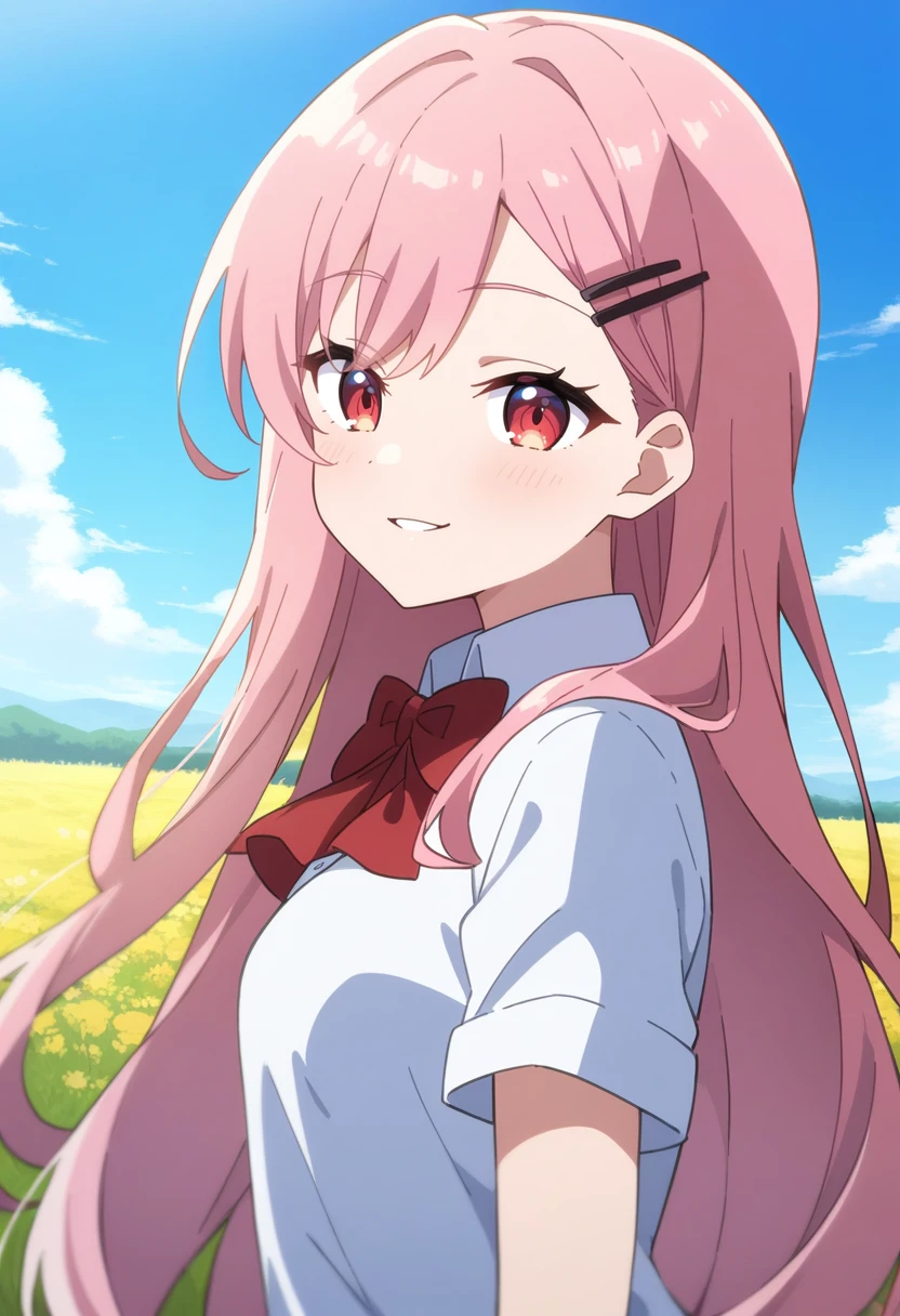 1girl, solo, anime coloring,
long hair, pink hair, red eyes, seductive smile, small breasts, white shirt, red bowtie, hairclip,
field, blue sky,
masterpiece, best quality, very aesthetic, absurdres,