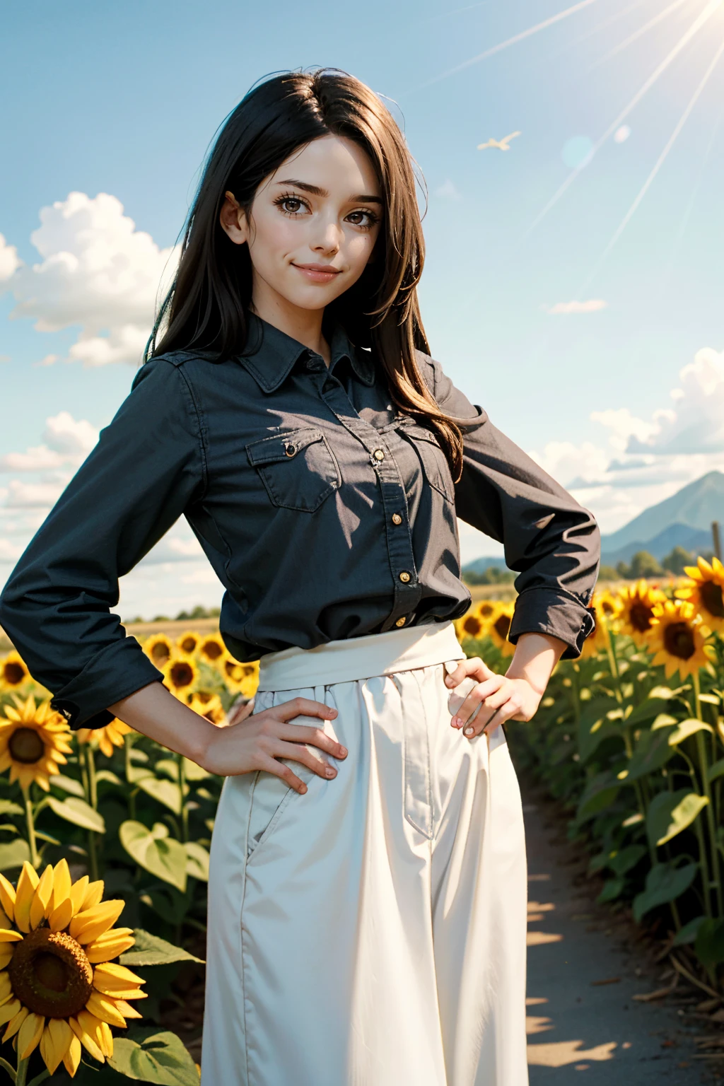 ((ultra detailed, masterpiece, absurdres))
 <lora:HRLauren:0.8>
HRLauren, 1girl, brown eyes, long hair, surrounded by sunflowers in a bright field, smiling, with hands on hips