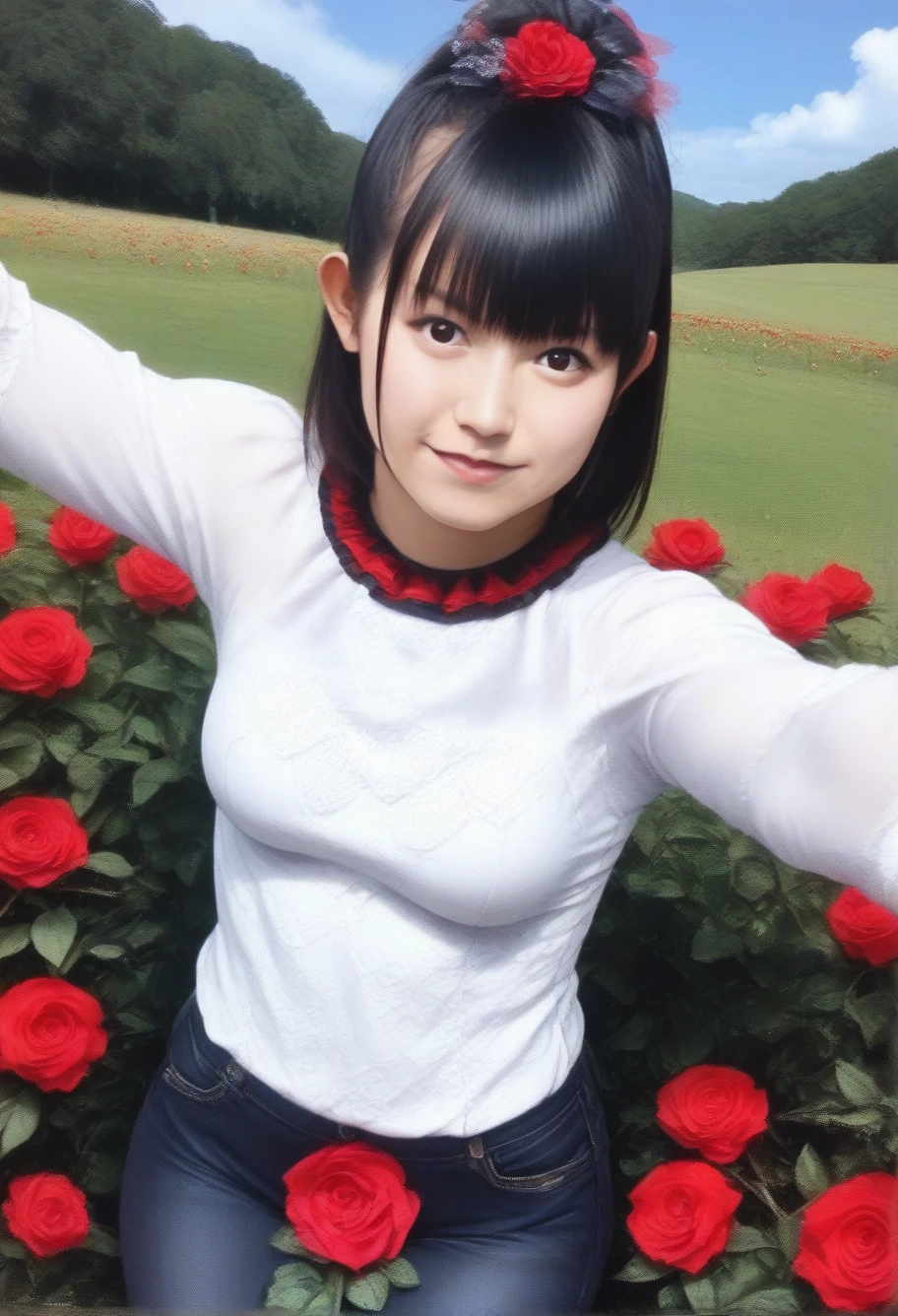 score_9,score_8_up,score_7_up,1girl, black hair, bangs, detailed face, looking at viewer,suzukaPNY,(smile:0.5),outdoors,red rose, wearing a white shirt,field, <lora:suzukaPNY:1> intrincated details