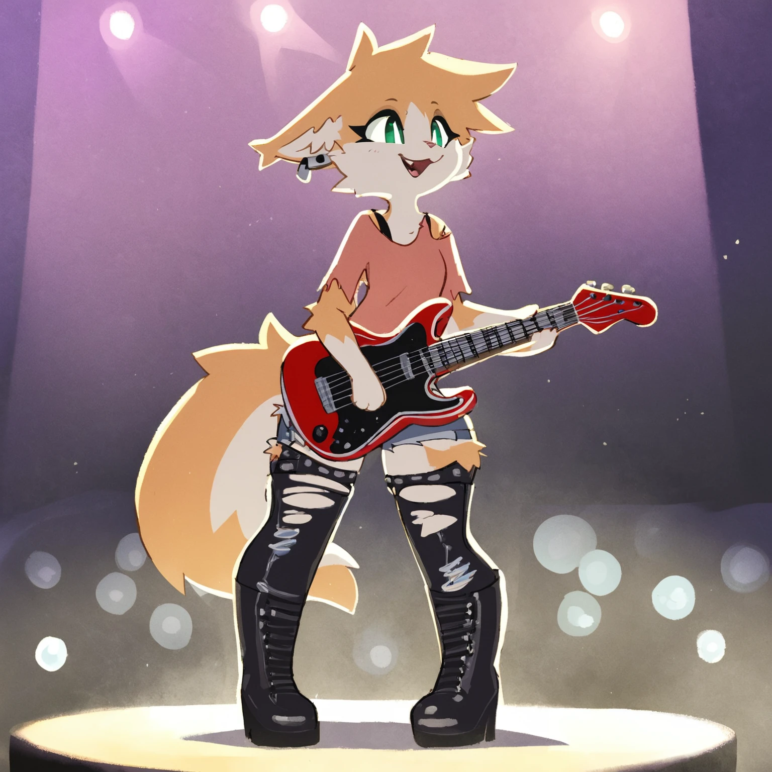 score_9, score_8_up 
<lora:rolo-PONY:0.8> rolo, green eyes, furry, female, solo, full body, standing, bass guitar, stage, shirt, ripped jeans, punk, happy, earrings, thigh boots, eye liner