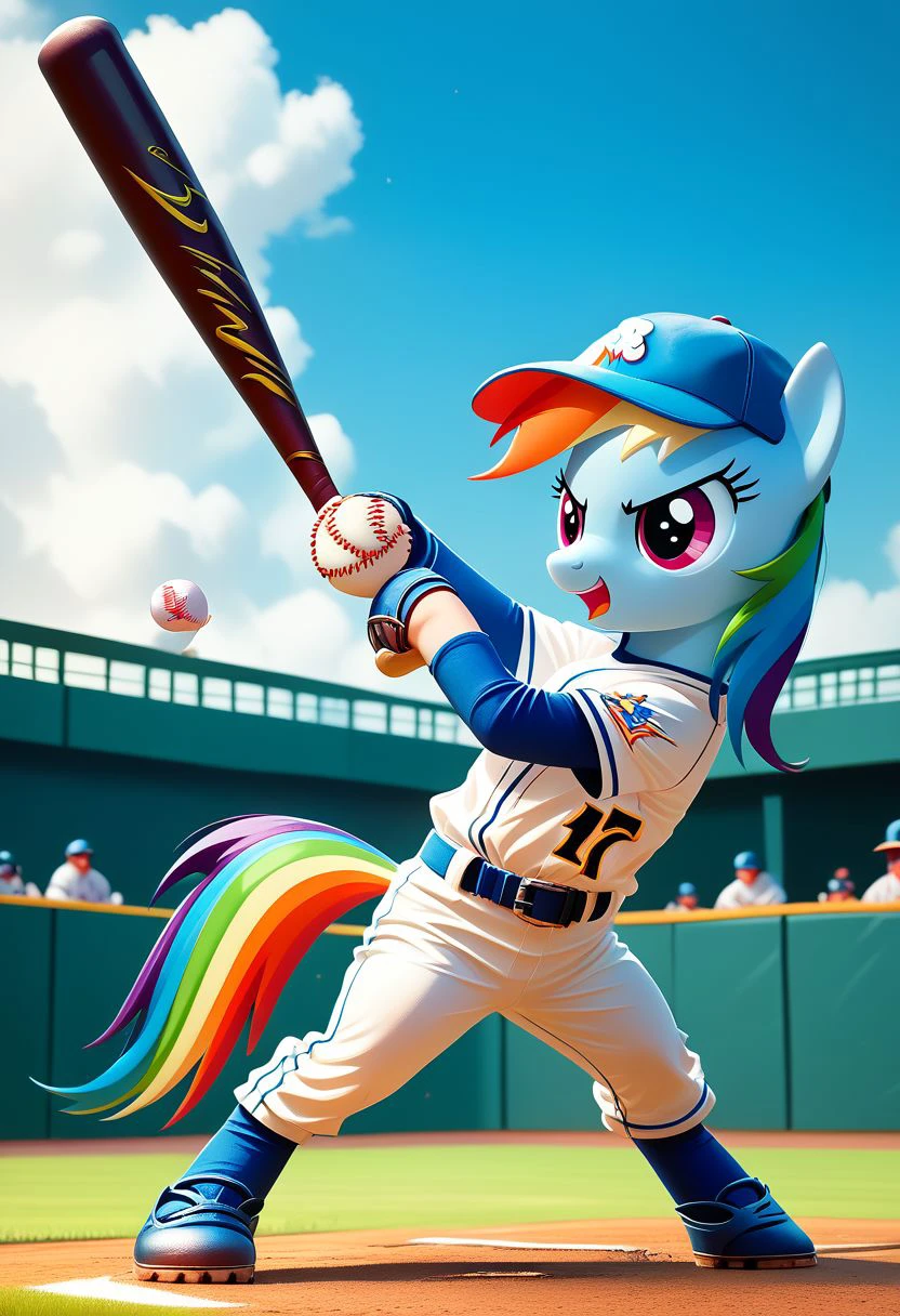 EnD_Niji_Sports, source_pony, Rainbow Dash playing baseball,  baseball cap, sportswear, white pants, baseball bat, baseball, baseball uniform, holding baseball bat, BREAK PonyXLV6_Scores