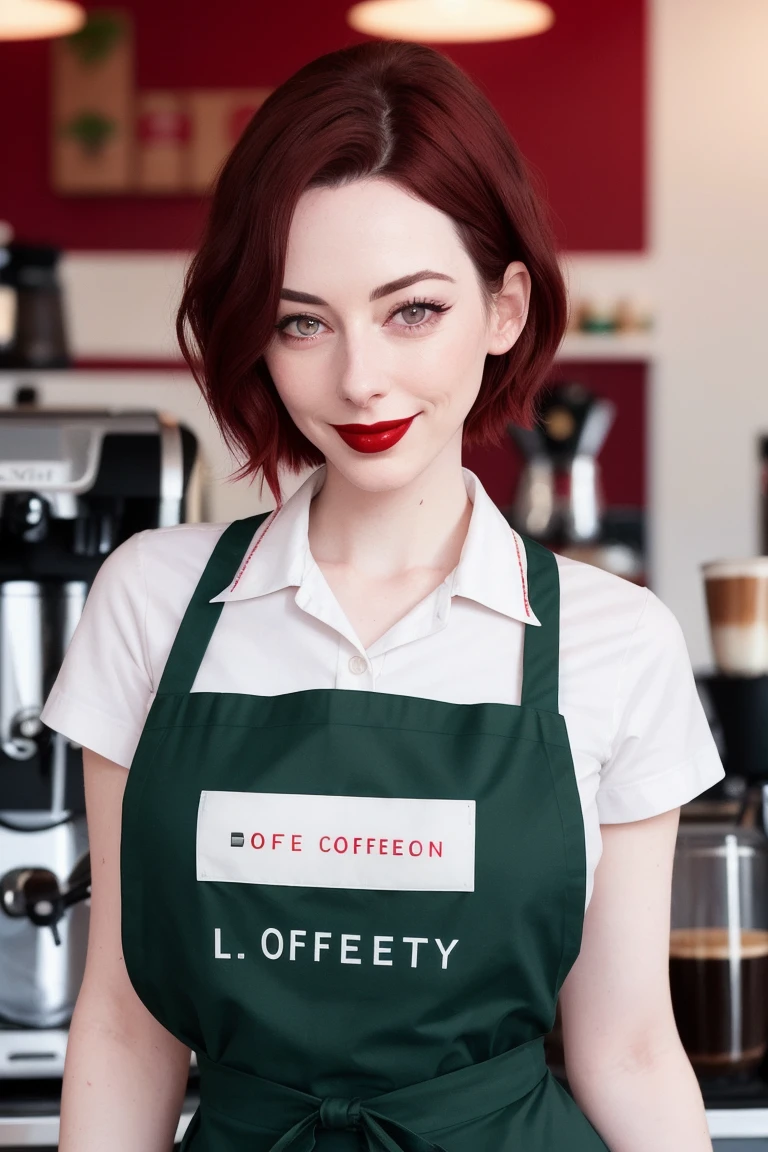 forestnymph, , , ((red lipstick, blush)), ,photo of a woman, RAW, ((barista uniform, shirt, apron, coffee)), ((short hair, dark red hair)), ((in a coffee shop)), , ((detailed skin, detailed face):1.2), ((detailed eyes, beautiful eyes)), 8k uhd, dslr, soft lighting, high quality, film grain, Fujifilm XT3 sharp focus, f 5.6,((red lipstick, pale skin)) , smiling