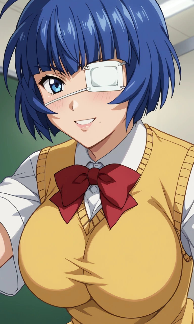 score_9, score_8_up, score_7_up,  source_anime, anime screencap,   intricate details,  <lora:ryomou_shimei:1> ryomoxl, short hair, ahoge, blue hair, medical eyepatch, one mole under mouth, blue eyes, large breasts, school uniform, yellow sweater vest, collared shirt, white shirt, red neck ribbon, smile, looking at viewer, close-up, classroom