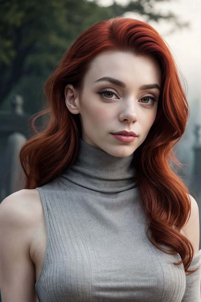 photo of S442_ArrielleEdwards,a stylish woman,on a (rocky-cemetery:1.1),wearing a (cowlneck),(misty-night),(4k, RAW photo, best quality, 50mm, depth of field, ultra high res:1.1),(intricate, photorealistic, cinematic-shot, masterpiece, ultra-detailed:1.1),