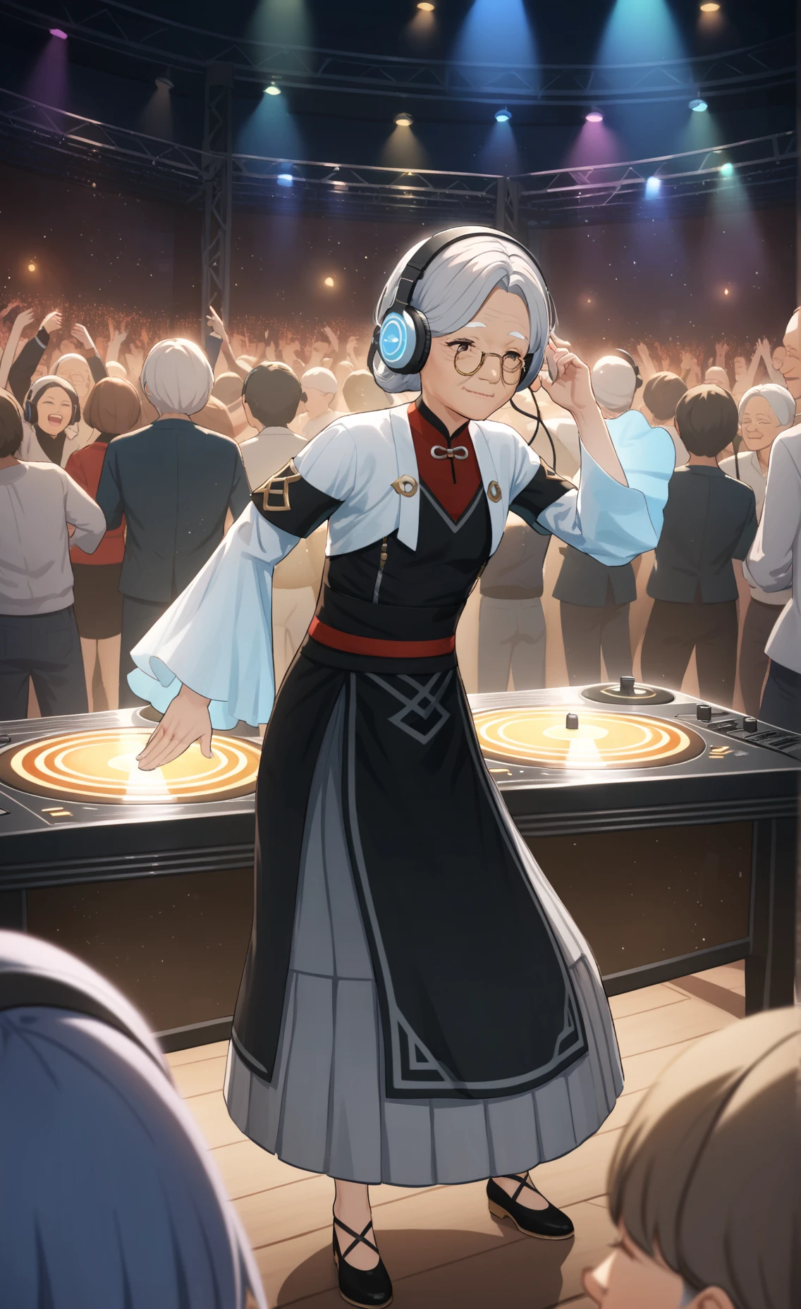 8k, best quality, masterpiece, (ultra-detailed), (high detailed skin),
An elderly woman stands behind a DJ booth, wearing headphones and a stylish outfit. She skillfully mixes tracks on the turntables, her face lit with enthusiasm as she moves to the beat. The crowd cheers, captivated by her energy and talent, proving that age is no barrier to enjoying music and fun,
<lora:ping-gui-A3-Tanger:0.8>,( pingll, pingll's def clothes:1.1), old woman, old, 1girl, grey hair, black footwear, pingll's dress,
full_shot, The nightclub is vibrant, with colorful flashing lights and an urban, edgy decor featuring graffiti murals. A large disco ball casts shimmering reflections on the packed dance floor, where a diverse crowd dances energetically. The air is filled with excitement, laughter, and cheers, blending with the thumping music. A "Retro Night" banner hangs above the stylish, elderly DJ, enjoying the lively, inclusive atmosphere.,