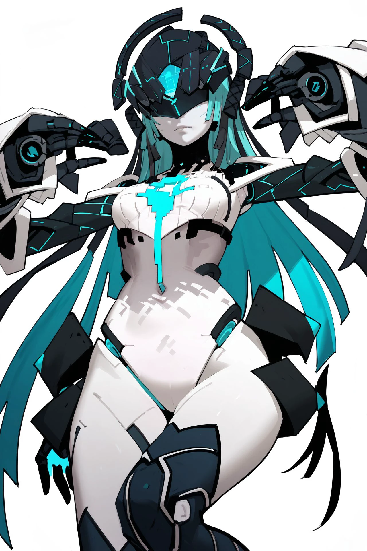 score_6_up, score_7_up, score_8_up, score_9, best_quality, highres, 1girl, solo, <lora:sb-Ymir_PonyXL_cha_v01:0.65> sb-ymir, android, joints, pale_skin, covered_eyes, multiple_arms
