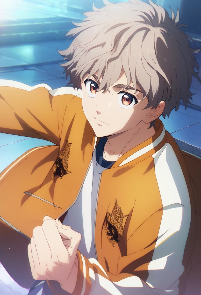 score_9, score_8_up, score_7_up, score_6_up, highly detailed, masterpiece, best quality,detailed,intricate details, amazing quality, best aesthetic, absurdres,source_anime,
choji tomiyama, beige hair, 1boy, male focus, solo, orange jacket,brown eyes<lora:EMS-398505-EMS:1.000000>