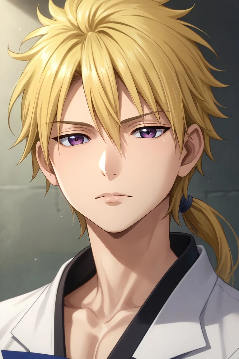 score_9, score_8_up, score_7_up, source_anime, rating_safe, , (photorealistic:0.6), looking at viewer, , 1boy, solo, male focus, <lora:kojirou_kanemaki_pony:0.74>, kojirou_kanemaki, blonde hair, purple eyes, long hair, ponytail, low ponytail, hair between eyes, , , <lora:sdxl_lightning_8step_lora:1>