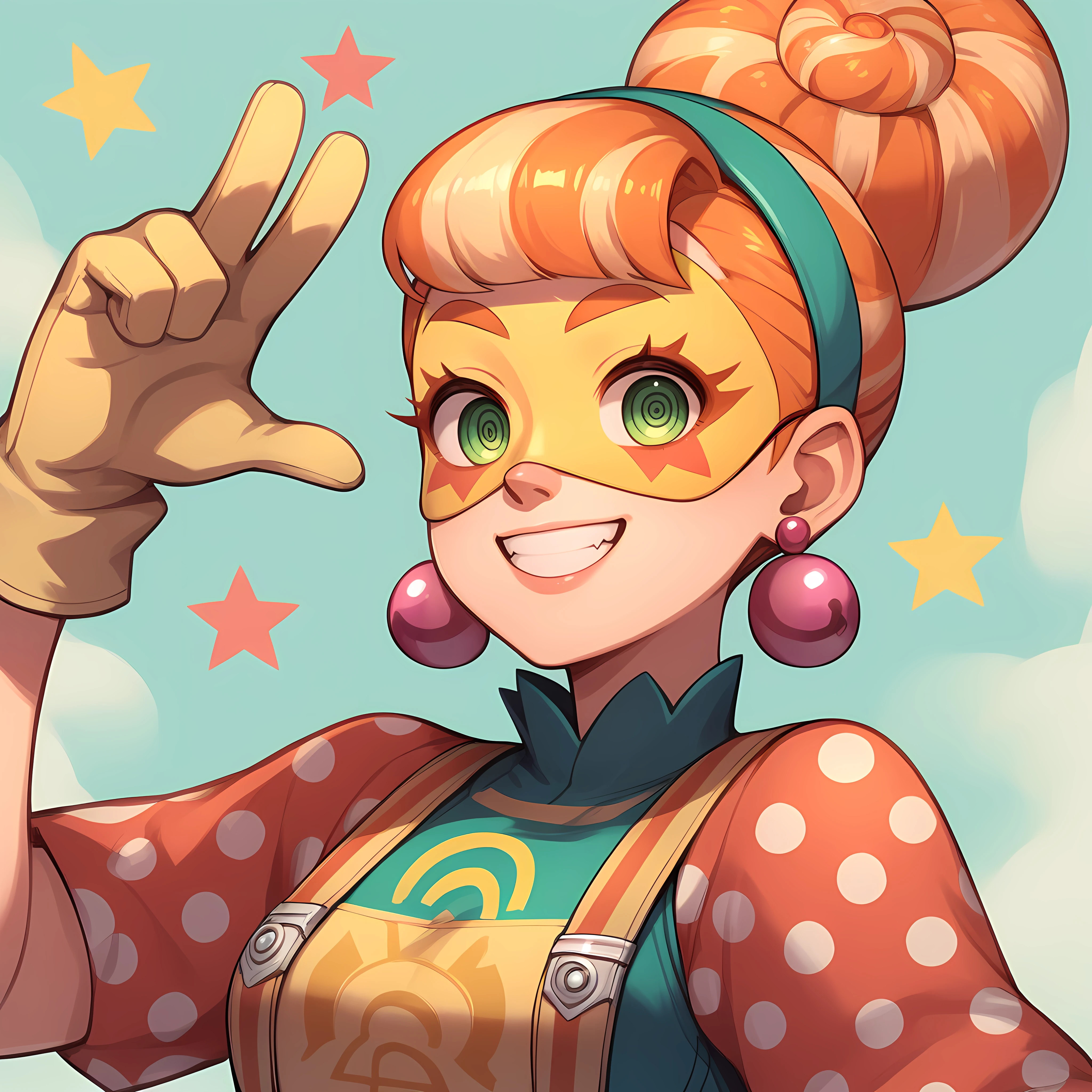 score_9,score_8_up,score_7_up,score_6_up,source_anime,rating_questionable, 1girl, solo, carnival setting, <lora:Lola_Pop_-_ARMS:0.7> lolapop_arms, spiral arms, earrings, smile,yellow mask, orange hair, gloves, makeup, green eyes, suspenders, hair bun, polka dots, zPDXL2,