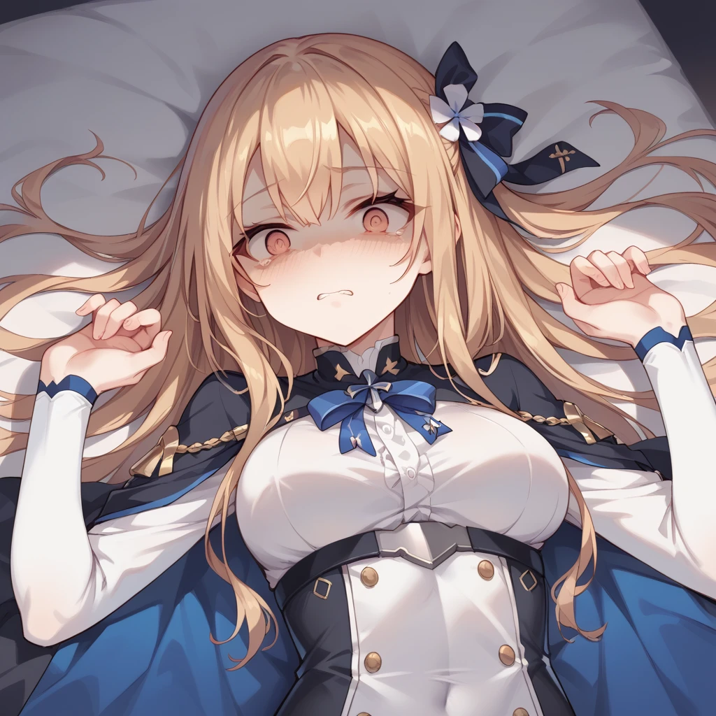 Heat After rape, eqlc, 1girl, long hair, solo, naked body, strapless dress(torn ), nipples, navel, white panties(torn),pussy, blonde hair, blue eyes, half-closed eyes, empty eye, tears, hairband, , white gloves, small breasts, flat chest, bow, black hairband, detached sleeves, bangs, mini crown, detached collar,  blank face, , parted lips, Saliva, nose blush, blush,  unconsciouness, in the bedroom, on the bed, lie down, lying,spread legs, spread  arms, wet body(sweat, cum), cumdrip from her pussy