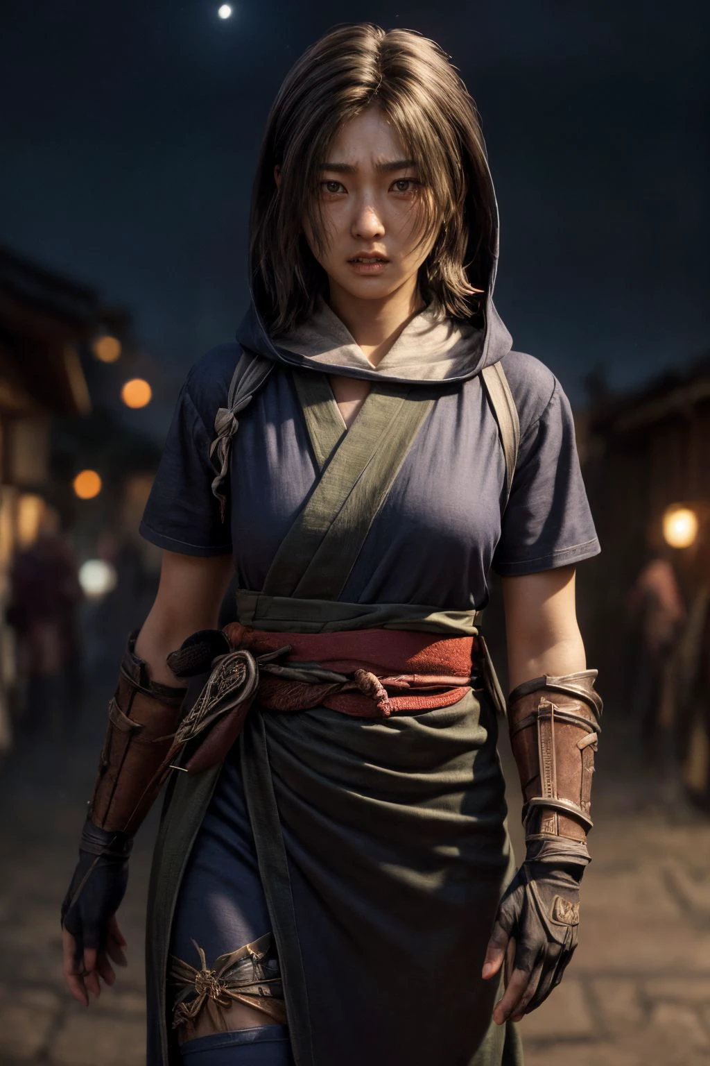 a professional portrait of Naoe, sword, black hair, looking at viewer, leaning against a wall,  gloves, sheath, hood, japanese clothes, sheathed, official art, fingerless gloves, scar, arm guards, sash, hood down, belt, pouch, brown glove, (ultra detailed skin:1.3), scar, (perfect eyes), medieval Japan, (photorealistic:1.2), night, moon, partially cloudy, 8k, dslr, (bokeh), ultra high res, 1girl  <lora:add_detail:1> <lora:Naoe__Assassins_Creed_Shadows-000010:0.8>