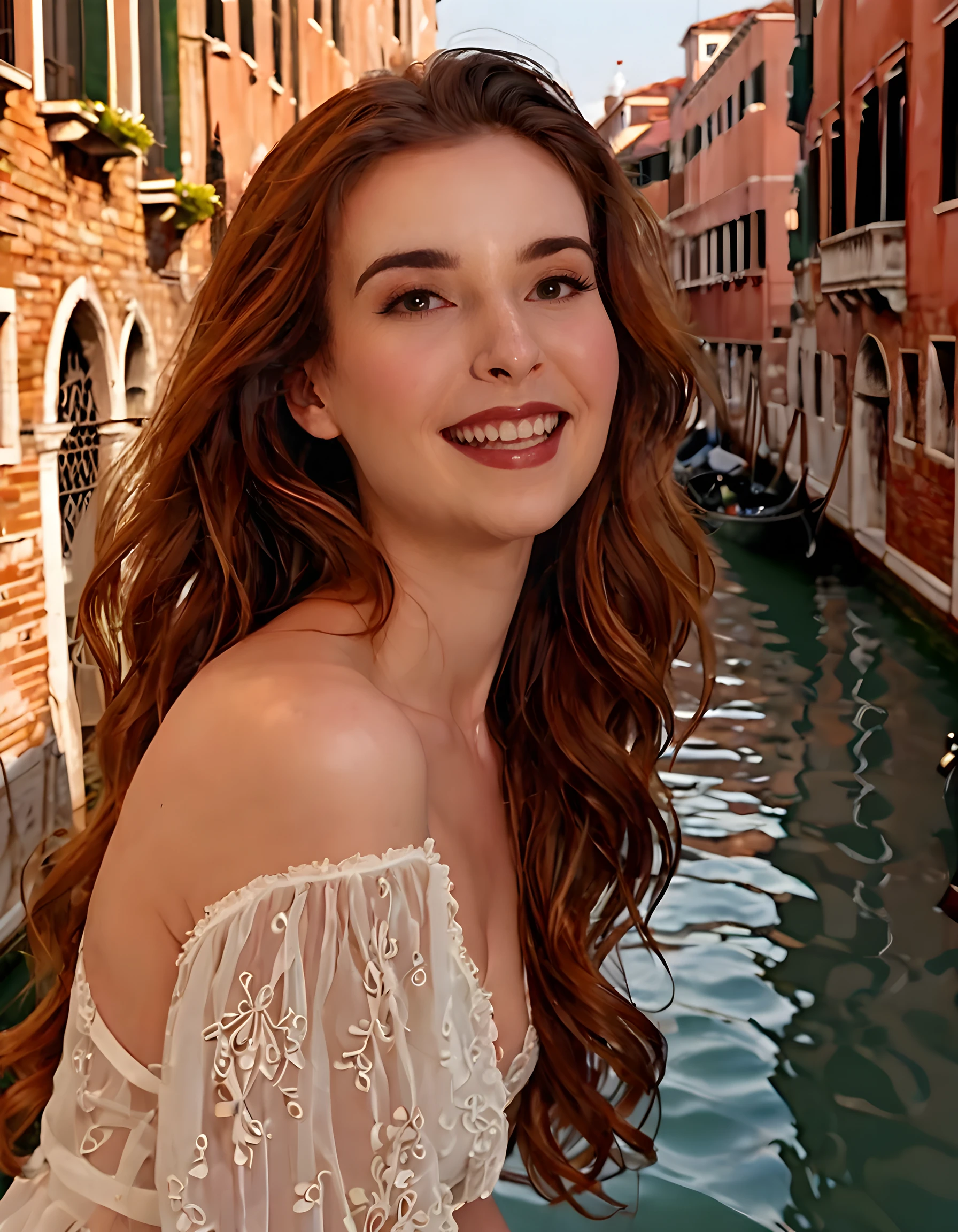 With her jade eyes, framed by the darkest of lashes, gazing out from under a cascade of brown hair that tumbles down her back in soft waves, Jade stands on a cobblestone street in Venice, Italy. Her lips are parted slightly, revealing a hint of her pearly whites as she smiles, a delicate expression that seems to hold the weight of the world within it. The sun's golden rays caress her face, illuminating her features and casting a warm glow over her long, flowing hair. Despite the beauty surrounding her, there is a melancholic undertone to her smile, as if she holds secrets within that even the vibrant colors of Venice cannot fully mask.