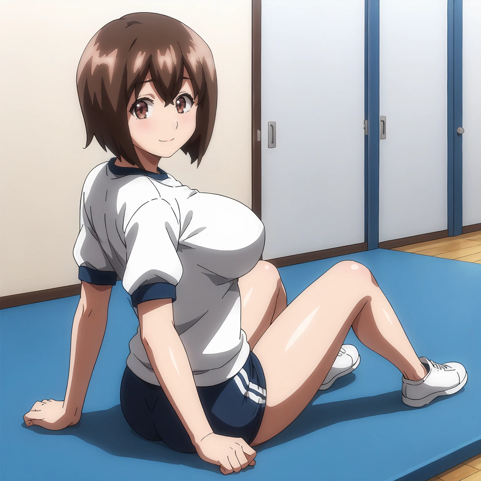 <lora:KomusumeXLpony001>,
looking at viewer,smile,
solo,
Komusume,1girl,brown hair,short hair,brown eyes,
large breasts,
gym shirt,white shirt,
buruma,
full body,sitting,looking back,