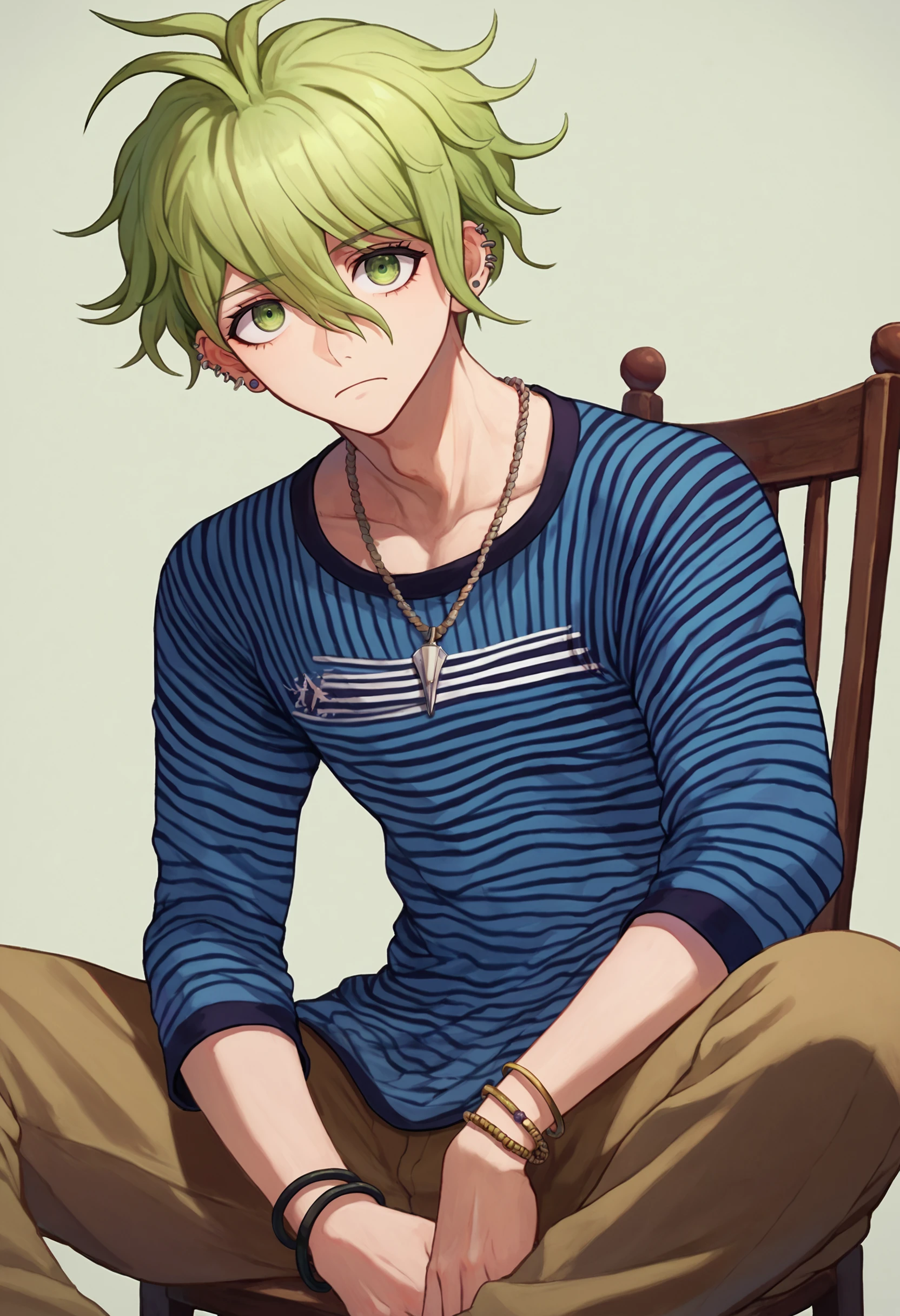 score_9_up score_8_up score_7_up, looking at viewer, sitting on chair
BREAK
score_9_up score_8_up score_7_up, amami rantaro default, 1boy, green hair, short hair, green eyes, bangs, piercing, ear piercing, earrings, hair between eyes, antenna hair, messy hair, jewelry, blue shirt, striped shirt, striped, shirt, necklace, pants, brown pants, bracelet, long sleeves
 <lora:danganranpa_v3_pony_d16:1>