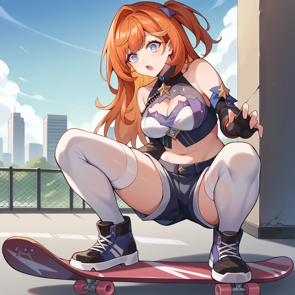 score_9_up, score_8_up, score_7_up, score_6_up, source_anime, 1girl, solo, Senadina, Sena_Default, extremely detailed fine touch, sun rays, ray tracing, masterpiece, best quality, highly detailed, close up, squatting on skateboard, hand on skateboard, skating, ramp, surprised, in motion, long hair, blue eyes, gloves, red hair, black gloves, fingerless gloves, orange hair, streaked hair, clothing cutout, star hair ornament, detached sleeves, skirt, navel, midriff, white thighhighs, crop top, ankle boots, short shorts, one side up, cleavage cutout, portrait, medium breasts, mature body, dynamic cowboy shot, outdoors, cityscape, skate park background