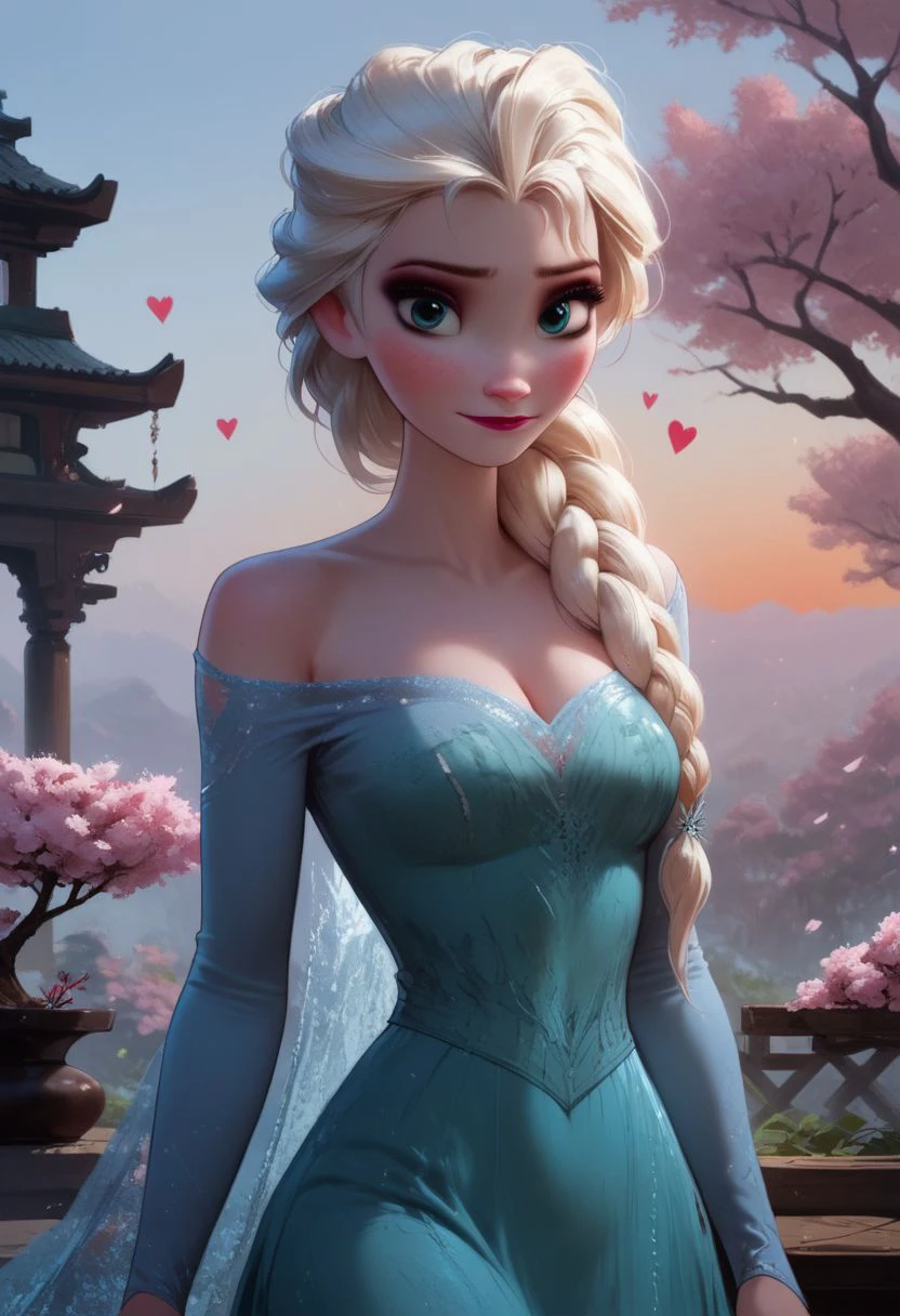 score_9, score_8_up, score_7_up, score_6_up, score_5_up, score_4_up, 
sexy girl,1girl, Elsa, Disney, \(Frozen\)/,(ultra HD quality details), blue eyes, blonde hair, single braid, single braid over shoulder,
blue dress, bare shoulders, long sleeves, bare shoulder, cleavage,
modest look, seducing viewer, hearts, posing, sexy pose, solo, bonsai, sakura, cherry blossom, submission, sunset, flowers, plants, cinematic lightings