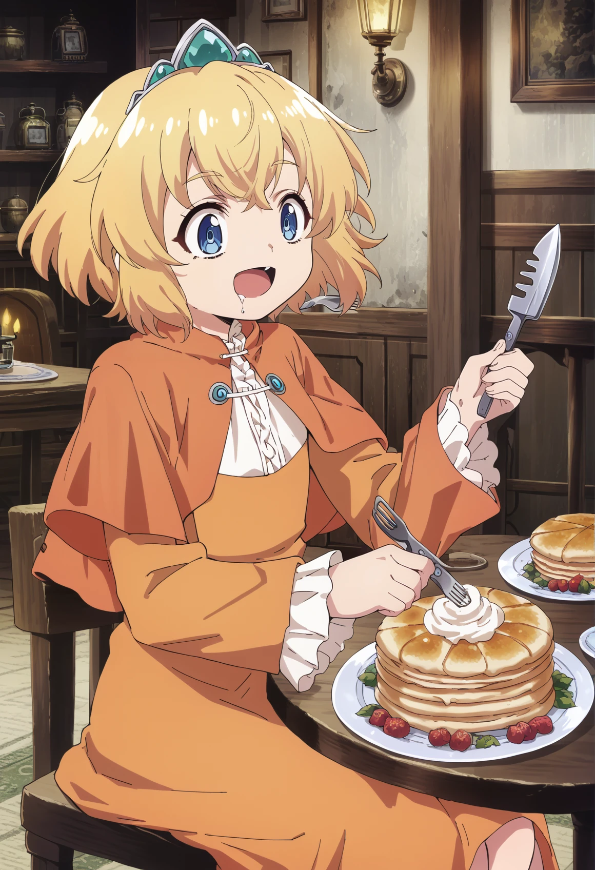 1girl, blonde hair, short hair, blue eyes, tiara, capelet, white shirt, orange dress, long sleeves, frills,  flat chest, sitting, holding, fork, knife, table, pancakes, whipped cream, drool, smile, starry eyes, anime screencap  <lora:Little_Princess_Guardian_tales:1>  <lora:MeMaXL_V3 (flat anime style v3):1>, score_9, score_8_up, score_7_up, score_6_up, score_5_up, score_4_up, BREAK source_anime, masterpiece