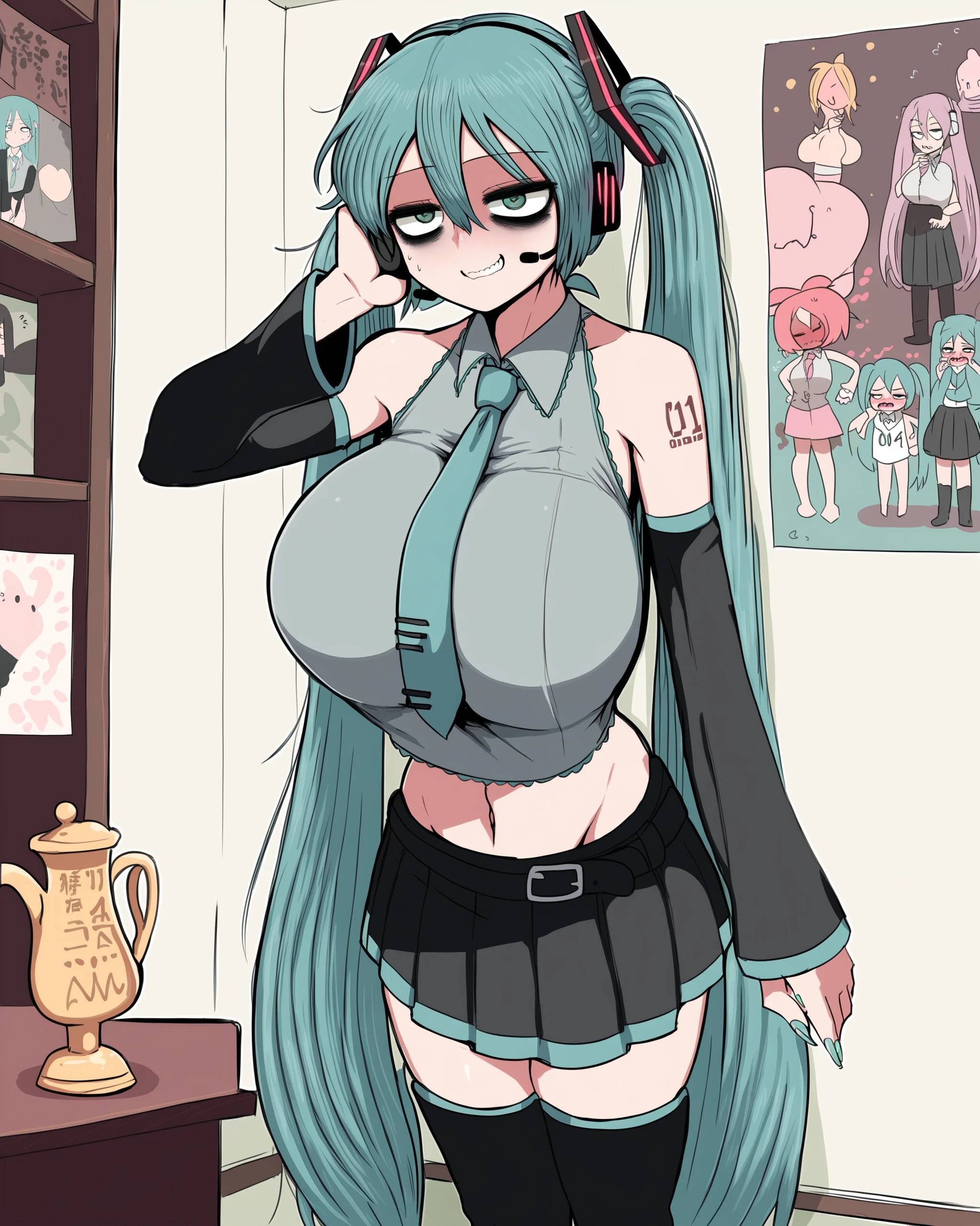 zurikishi, 1girl, hatsune miku, aqua eyes, aqua hair, aqua nails, aqua necktie, thick thighs, toned, tight clothes, midriff, navel, bare shoulders, belt, black footwear, black skirt, black sleeves, black thighhighs, boots, messy hair, long hair, greyish blue hair, standing, bags under eyes, empty eyes, collared shirt, contrapposto, detached sleeves, frilled shirt collar, frills, large breasts, older, huge breasts, grey shirt, hair between eyes, hair ornament, headphones, headset, miniskirt, nail polish, necktie, number tattoo, pleated skirt, shirt, shoulder tattoo, skirt, sleeveless, sleeveless shirt, sleeves past wrists, nervous grin, solo, standing, tachi-e, tattoo, thigh boots, thighhighs, twintails, very long hair, vocaloid boxart pose, indoors, zettai ryouiki, tired, 30 years old, mature, looking at viewer, depressed, skindentation, posters, shelf, awards, trophy, wide hips, looking away, embarrassed, scratching cheek, sweatdrop, grin, 
BREAK
score_9, score_8_up, score_7_up, score_6_up, source_anime, zurikishi<lora:Zurikishi_Pony:0.9>