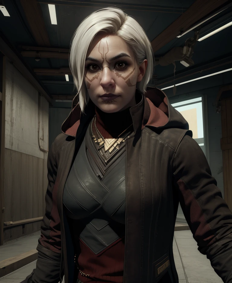 merrinsvr,brown eyes,facial mark,white hair,short hair,
jewelry,jacket,long sleeves,
looking at viewer, serious,
standing,upper body,
science fiction,indoors,hub,
(insanely detailed, masterpiece, best quality),solo,<lora:MerrinSVR:0.9>,