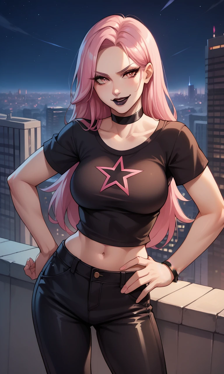 score_9, score_8_up, score_7_up, score_6_up, source_anime, BREAK masterpiece, HazeFN, pink hair, black lipstick, pink eyes, black shirt, short sleeves, midriff, leather pants, choker, star print,long hair,  breasts, looking at viewer, parted bangs, smirk, open mouth, looking at viewer, cityscape, night, on roof, skyscraper, hand on own hip, bracelet, 