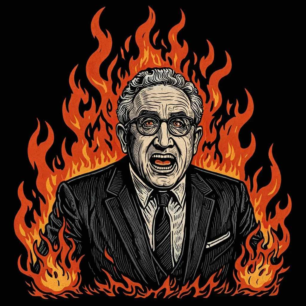 tcc_modernwoodcut, woodcut illustration of Henry Kissinger burning in hell, black background, detailed, engraving
 <lora:Modern_Woodcut:0.85>