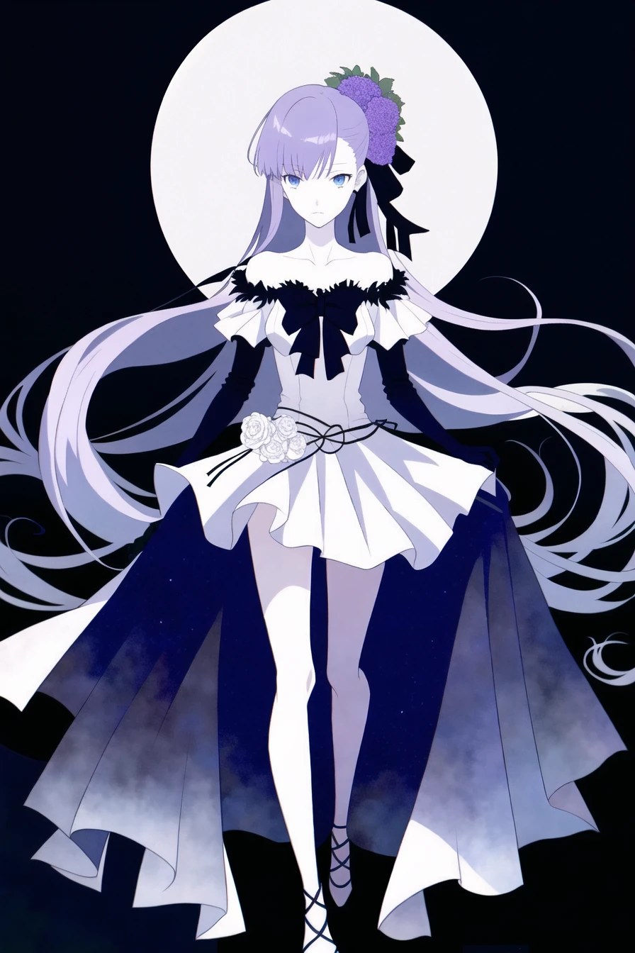 1girl,from_above,long hair,solo,dress,gloves,very long hair,purple hair,hair ornament,flower,blue eyes,white background,bare shoulders,bangs,hair flower,full body,meltryllis (fate),white dress,off shoulder,breasts,ribbon,looking at viewer,black flower,hair ribbon,standing,frills,black rose,black gloves,long sleeves,frilled dress,rose,bow,collarbone,layered dress,meltryllis \(swimsuit lancer\) \(fate\),synthwave,