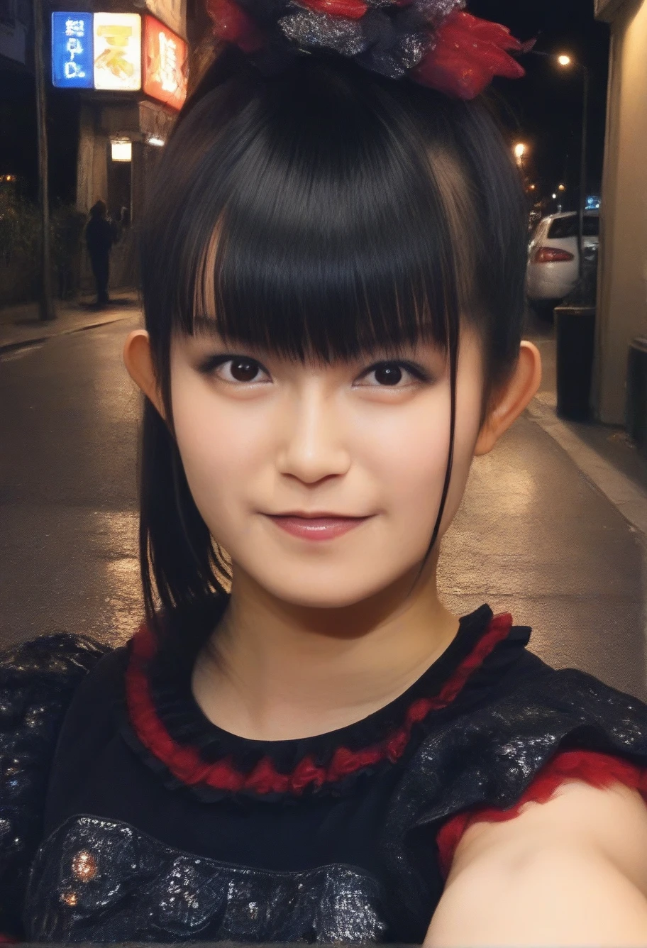 score_9,score_8_up,score_7_up,1girl, black hair, bangs, detailed face, looking at viewer,suzukaPNY,(smile:0.5),outdoors,city streets, wearing a dress ,night, <lora:suzukaPNY:1> close-up,