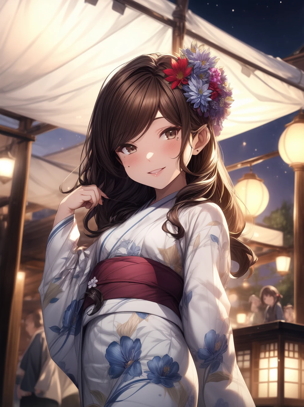 ((masterpiece)), ((best quality)), (ultra-detailed), ((extremely detailed)), (high resolution), 4K, (8K), best quality, (beautiful), (dynamic lighting), (super detailed skin), sharp focus, (1_girl, solo focus), (lalafell), festival, summer festival, night, paper lantern, (yukata, kimono, floral print), long sleeves, hair flower, looking at viewer, light smile, mature, eyelashes, cowboy shot, pov, Granblue_fantasy, Arulumaya, harvin_race, lalafell, dark brown hair, long hair, pointy ears, brown eyes, (mole_under_eye), small breasts, thick thighs, 