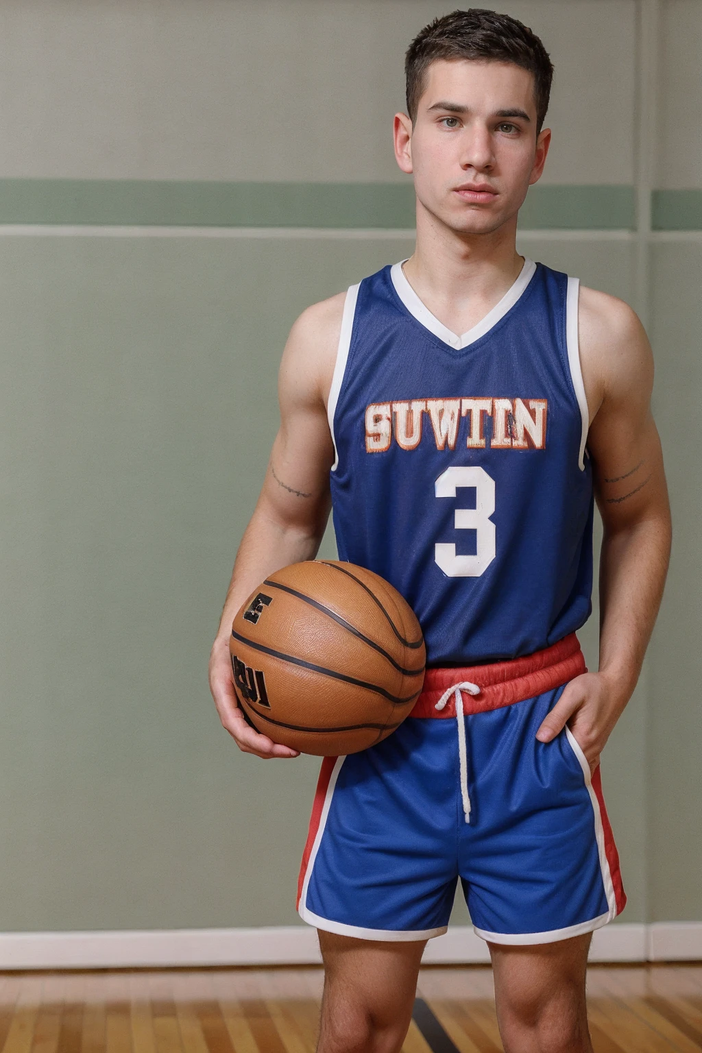 male focus, vadimperson <lora:Vadim_epoch_5:0.8>, wearing basketball jersey and shorts