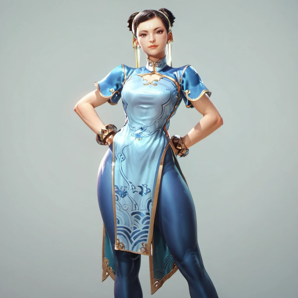 ((character turnaround sheet)), short hair, ((slim waist, wide hips and thighs)), chun li, high quality, beautiful, different facial expressions, ((full body, back shot, side view))