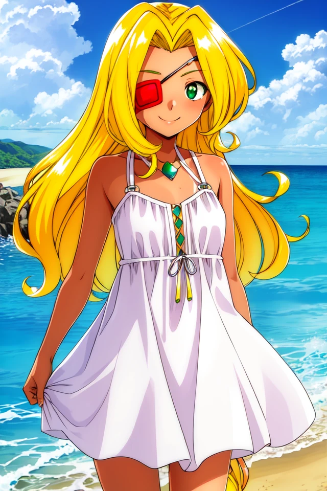 1 girl, beach, ocean, standing, smile,
 <lora:Thousand_Arms_-_Wyna_Grapple:0.7> tawyna, long hair, blonde hair, (green eyes:1.5), eyepatch, tanned skin,
dress,