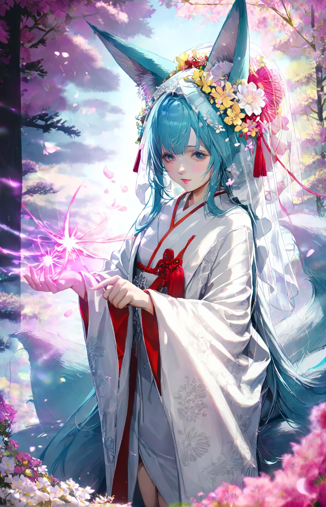 score_9,score_8_up,score_7_up,score_6_up,shiromuku,source_anime,masterpiece,best quality,perfect anatomy,absurdres,incredibly absurdres,huge filesize,8k,highly detailed,astral,colorful aura,vibrant energy,
kimono,fox girl,multiple tails,1girl,<lora:shiromuku-XLPony_006:1>,bridal veil,very aesthetic,flower petals fluttering in the wind and delicate, very long hair female fluttering in the wind,cinematic lighting,intricate details,high resolution,award-winning,correct focus,realistic lighting,highly detailed,majestic cherry blossom tree,(photorealistic:0.6)